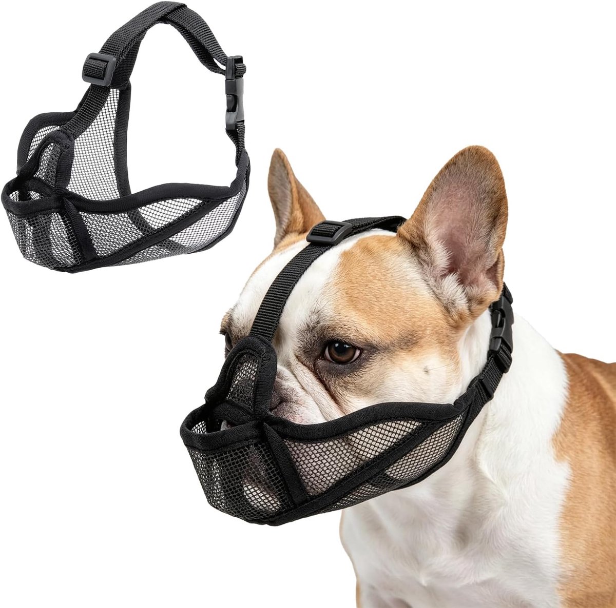 Hondensnuit voor Franse Bulldog, Zacht Ademend Mesh Anti-Scharrelen Muilkorf voor Honden met Korte Snuit, Verstelbaar voor Hijgen en Drinken, Zwart (XS)