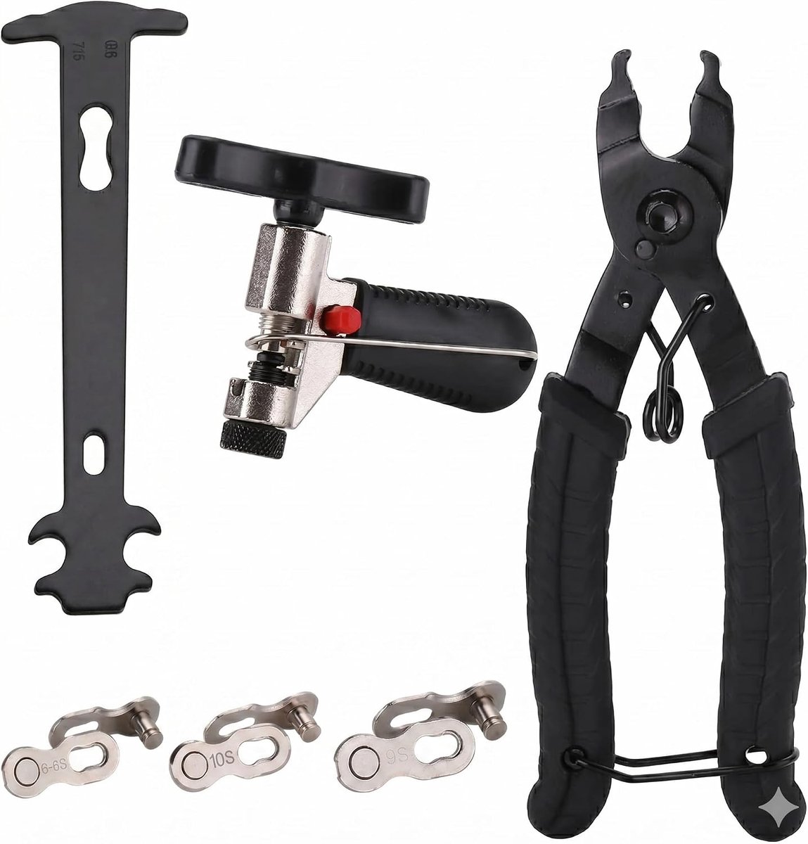 fiets kettinggereedschap set: kettingsnijder, kettingtang & kettingslijtagemeter - All-in-One reparatieset voor 6-11 versnellingen kettingen - Inclusief 3 paar snelkoppelingen