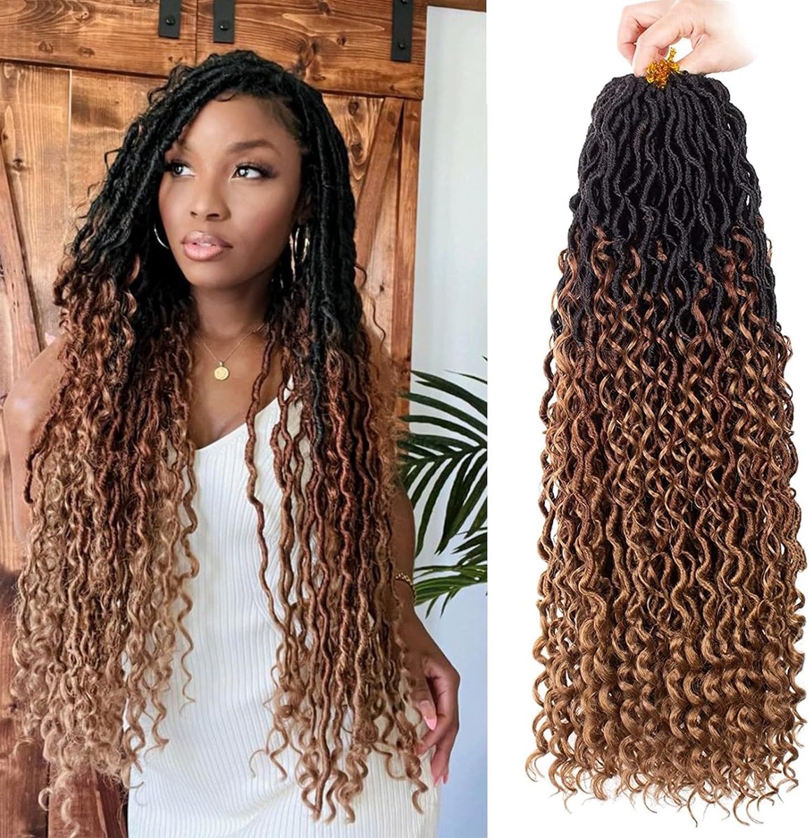 hair extensions, 45 cm, 8 stuks, 3 tinten, River faux locs, crochet hair, met krullen in het midden en aan het uiteinde, 14 strengen/verpakking, voorgelust, crochet braids, rommelig, Boheemse
