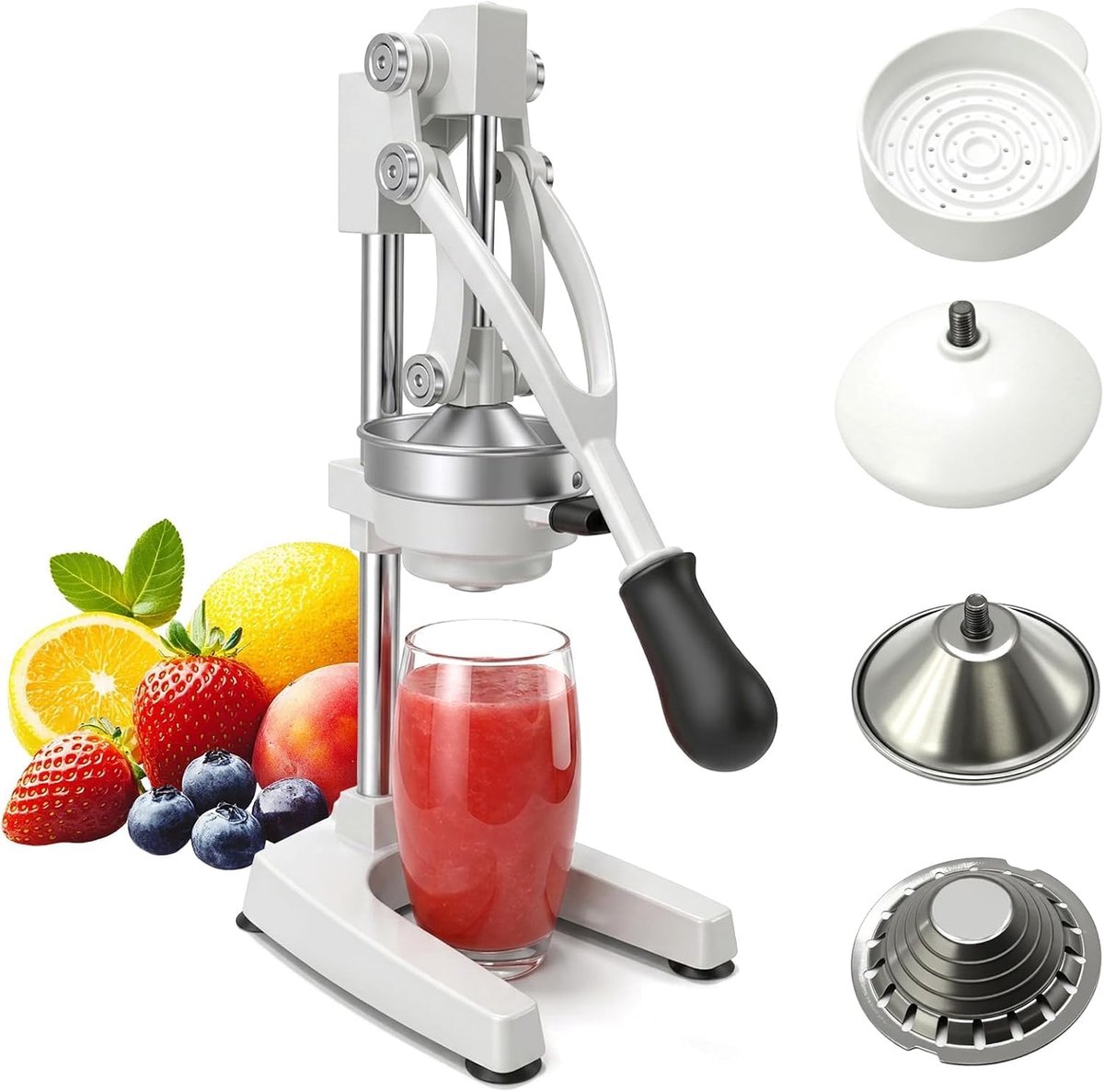 Handmatige sappers met punt, platte kop, roestvrij staal, citroenpers, sinaasappelsappers met maatbeker 500 ml, gietijzeren juicer, stabiele U-vormige basis, hoge sapopbrengst, voor citroen