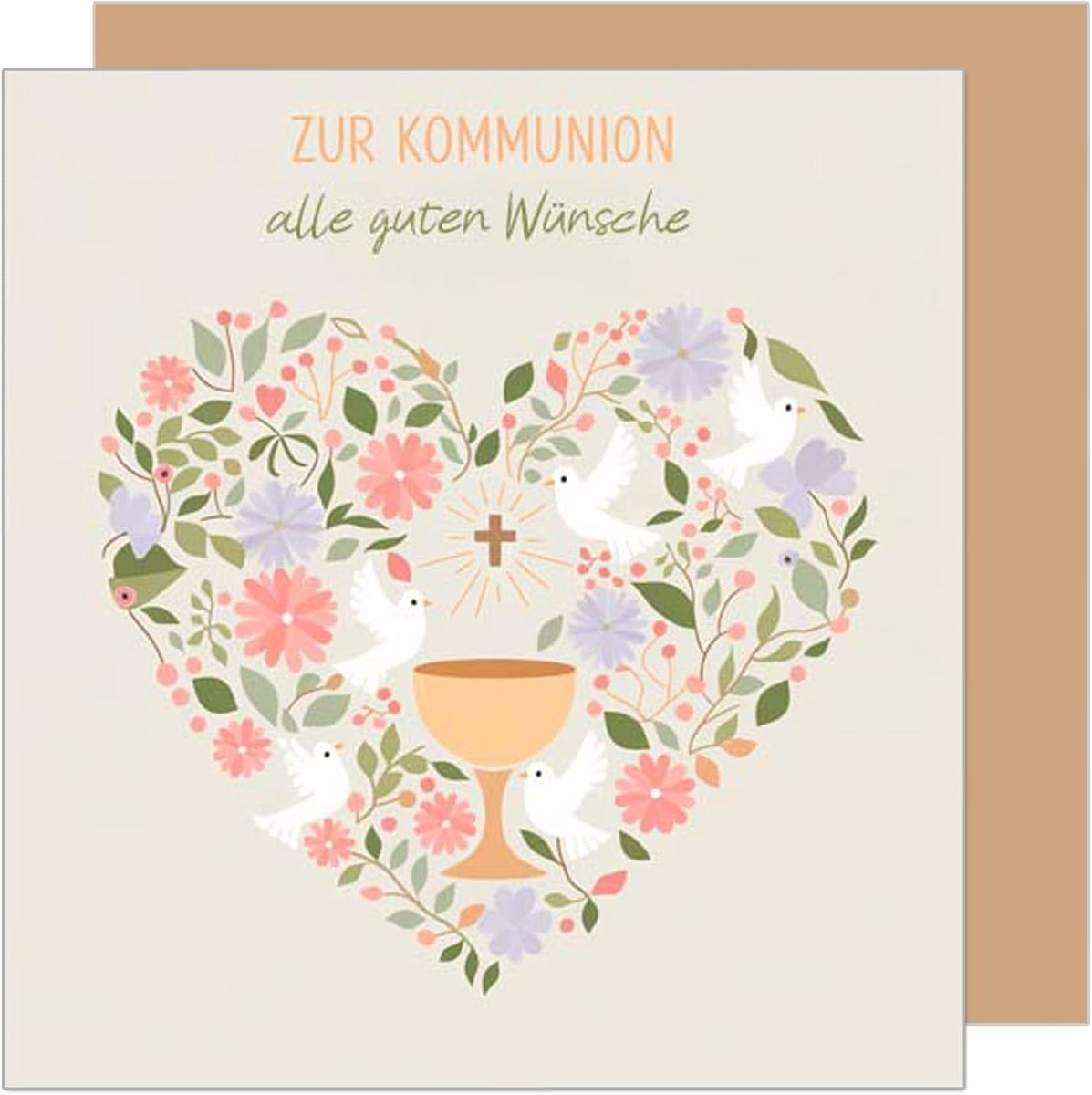 Seidel Premium vierkante wenskaart voor communie met envelop. Communiekaart met tekst Wenskaart Jongen Meisje Jeugd Duif Kruis Hart (KOQ106 SW025)