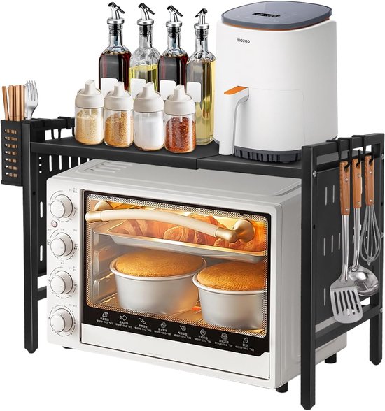 Magnetronrek met 2 niveaus, uittrekbaar voor magnetron, houder voor magnetron, rek van bamboe voor oven, multifunctioneel rek om op te hangen, keukenrek — afbeelding 5