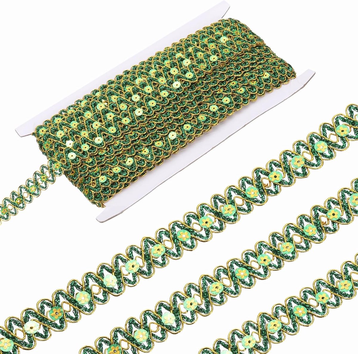 Paillettenlint, 1,8 cm x 14 m, golvend vlechtpatroon, platte pailletten, glanzende metalen band om op te vouwen, voor knutselen, kostuums, hoeden, goudgroen
