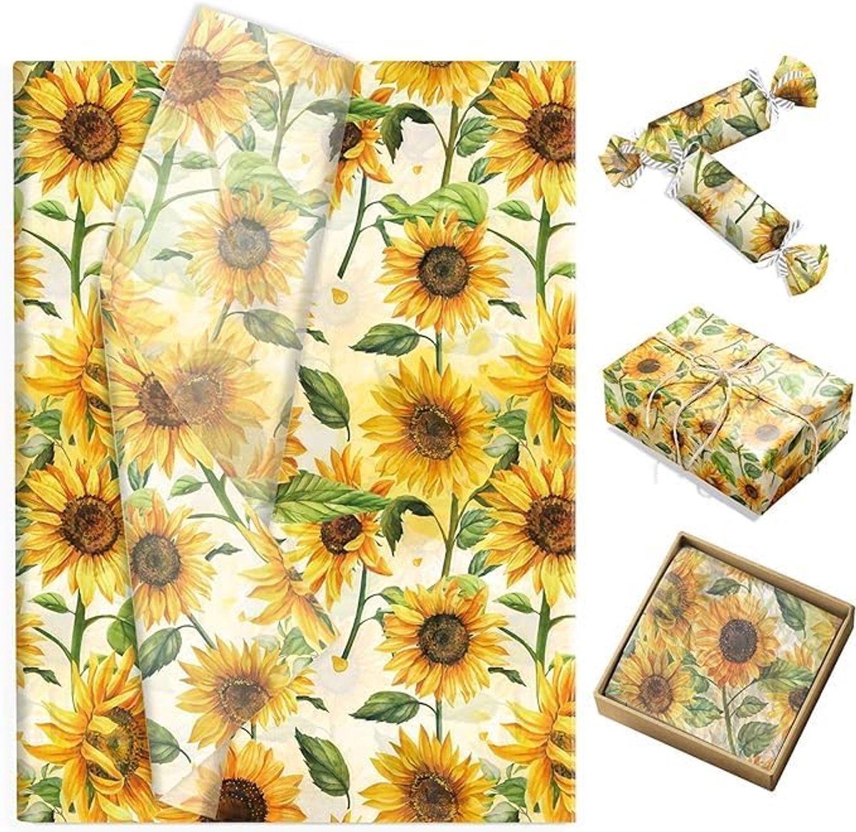 Zijdepapier met zonnebloempatroon, 50 x 35 cm, 17 g/m², felgeel - ideaal voor geschenkverpakkingen, feestdecoraties en knutselprojecten