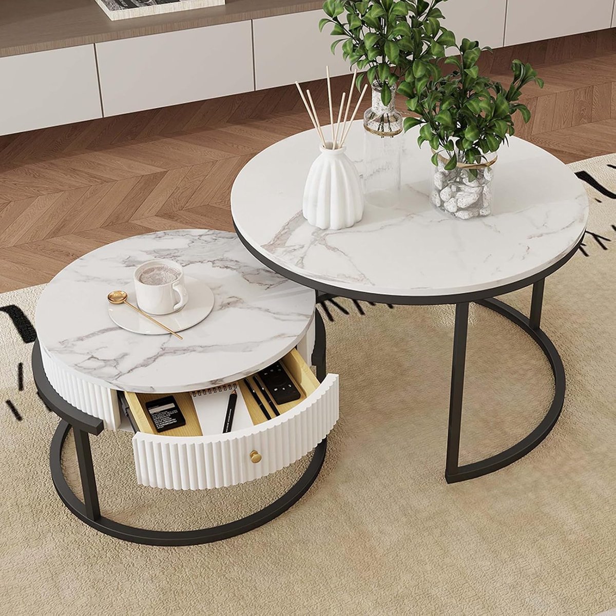 Rond, met opbergruimte, set van 2 salontafels, voor woonkamer, tafel in marmerlook