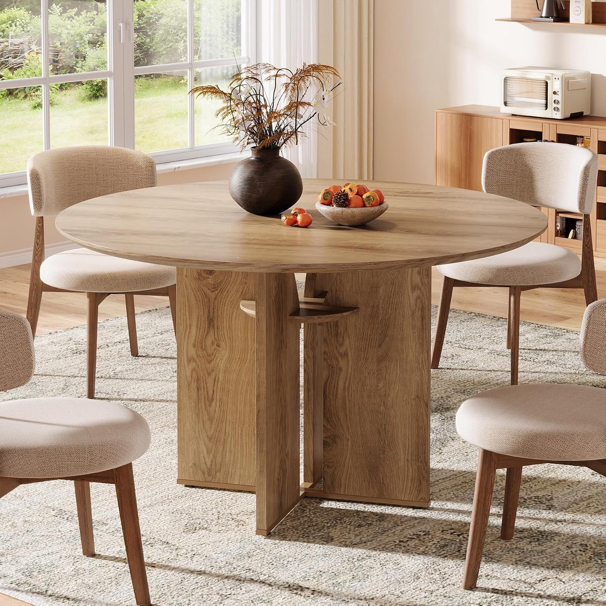 Eettafel, rond, 100 cm, keukentafel voor 2-4 personen met opbergvak en X-frame, eettafel in houtlook, ronde tafel in landelijke stijl voor eetkamer en keuken, bruin