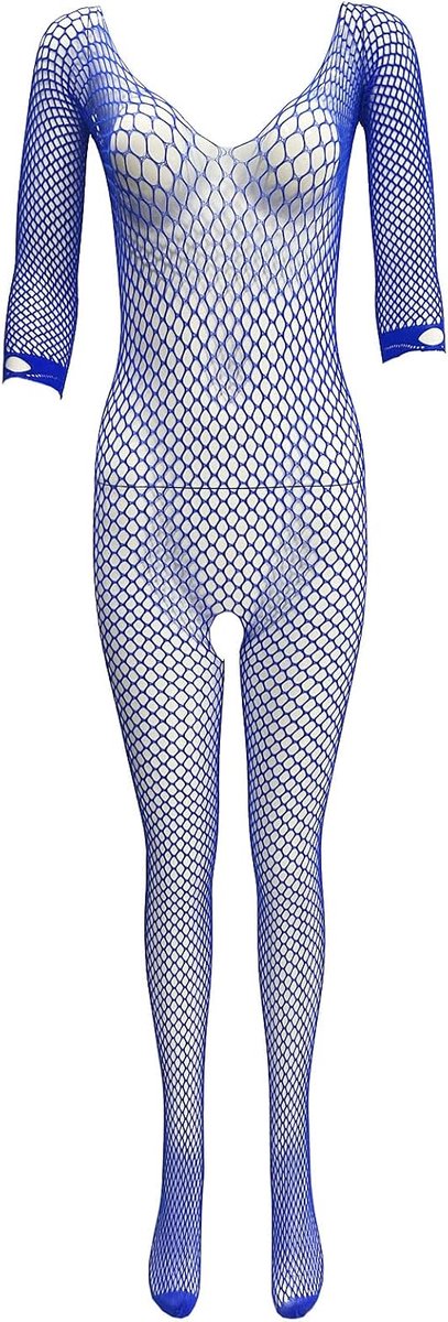 Dames netbody Ouvert Catsuit transparante bodystocking full-body pak overall met visnet panty open kruis, blauw, One size