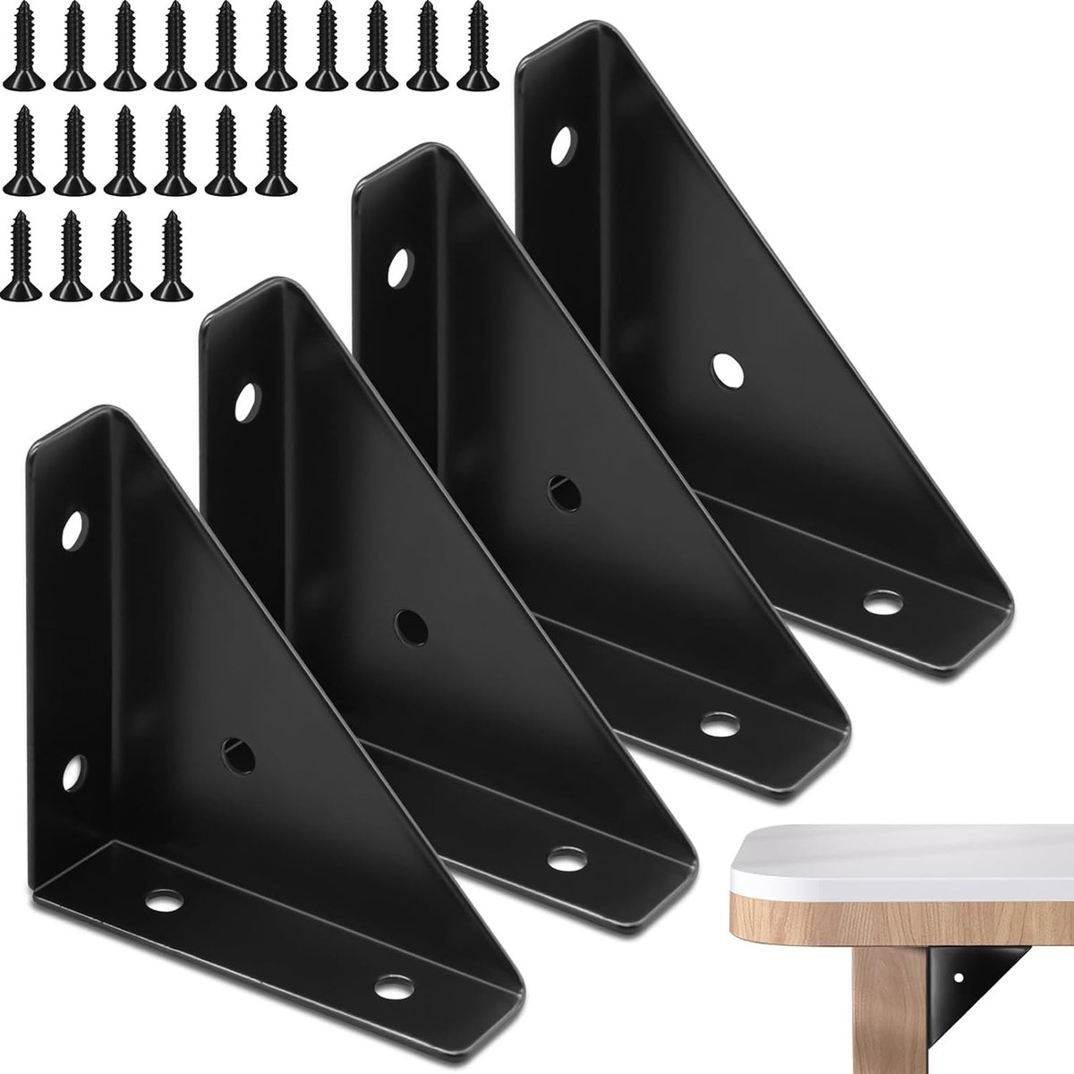 Dailygoods- Hoekbeugels 66mm - Zwarte Hoekhouder - Metalen Hoeksteunen - Driehoekige Plankhouder - Schokbestendig - Inclusief Schroeven - Hoeksteun