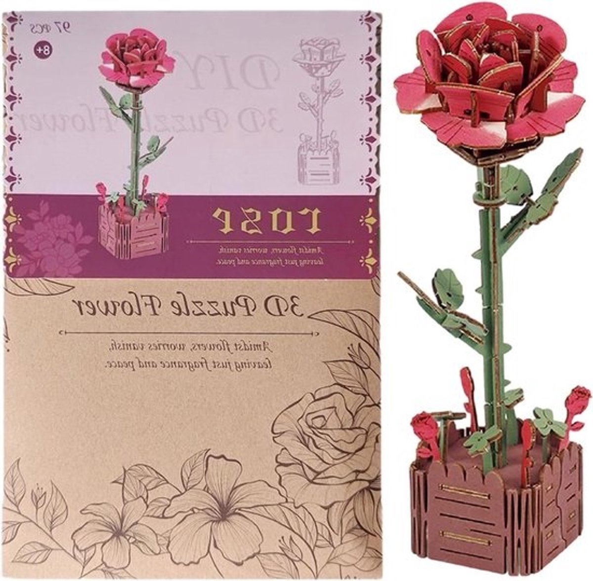 Houten Bloemenpuzzel - 3D Puzzel Model - Ontspannen Knutselen - Gegarendeerd Toetscomfort - 24.4 x 16.5 cm - Meerkleurig