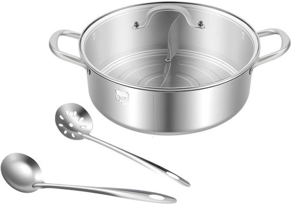 Gedeelde Hot Pot - Soeppan met Deksel - Samen Eten - Dubbele Smaak Indeling - 29 cm - Zilver