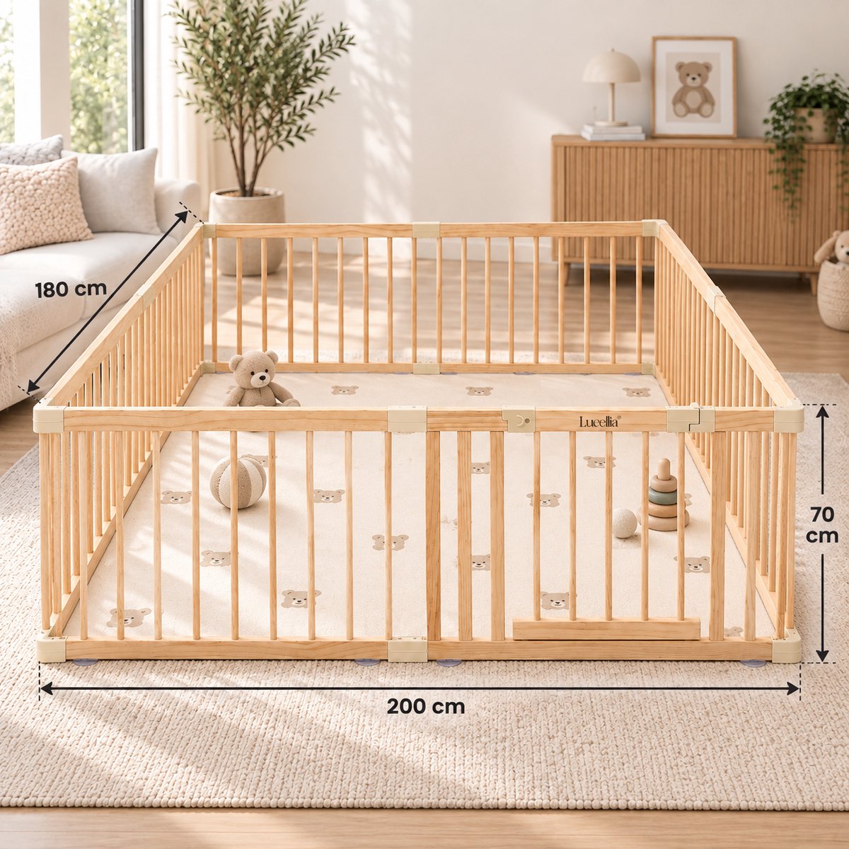Lucellia® Houten Grondbox Baby XXL 180x200 cm – Vast Model Speelbox Hout – Kinderbox, Kruipbox, Playpen, Babypark & Baby Box – Prime Wood Beige – foto 7