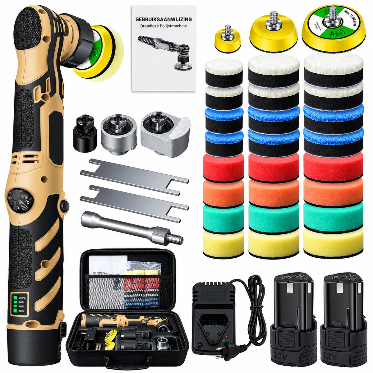 DPLUNIQ Polijstmachine - Poetsmachine - Draadloos - Mini - Incl. Accessoires - 12 V - 3 in 1 - Snelladen - Verstelbaar - Goud