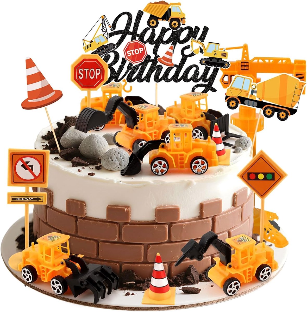 verjaardagstaartdecoratie, 21-delige bouwplaats, taartdecoratieset met mini-graafmachine, Happy Birthday taarttopper, verkeersborden, graafmachine, verjaardagsdecoratie voor kinderen
