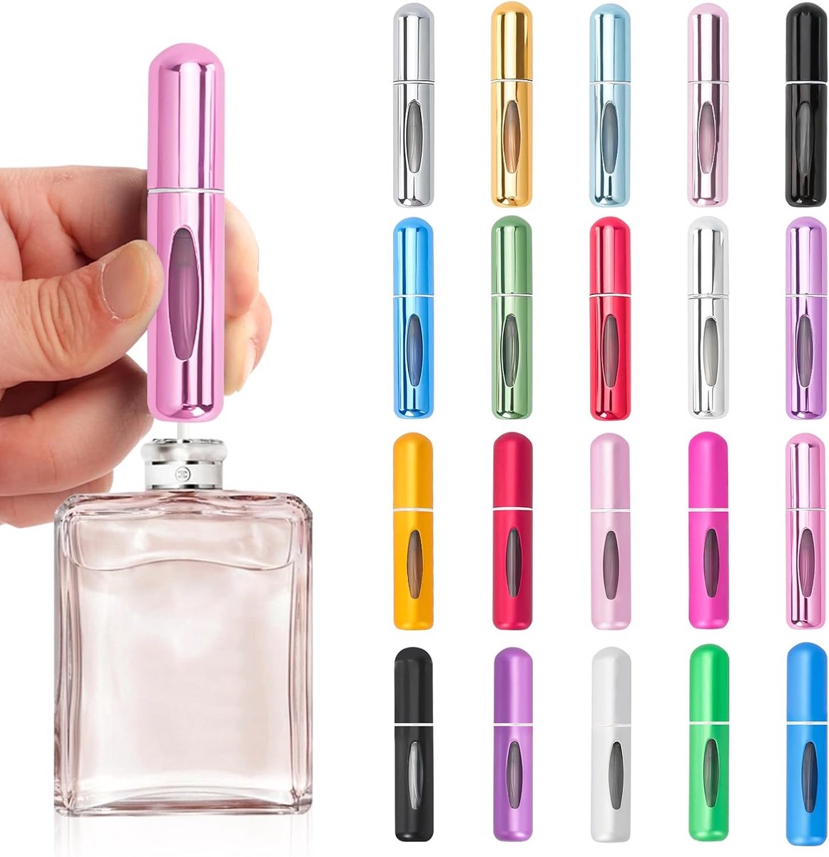 Verstuivers, 5 ml parfumverstuiver voor onderweg, mini-parfumvuller, navulbaar met kijkvenster, draagbare reisparfumverstuiver voor vakantie, reizen, camping (20 kleuren)