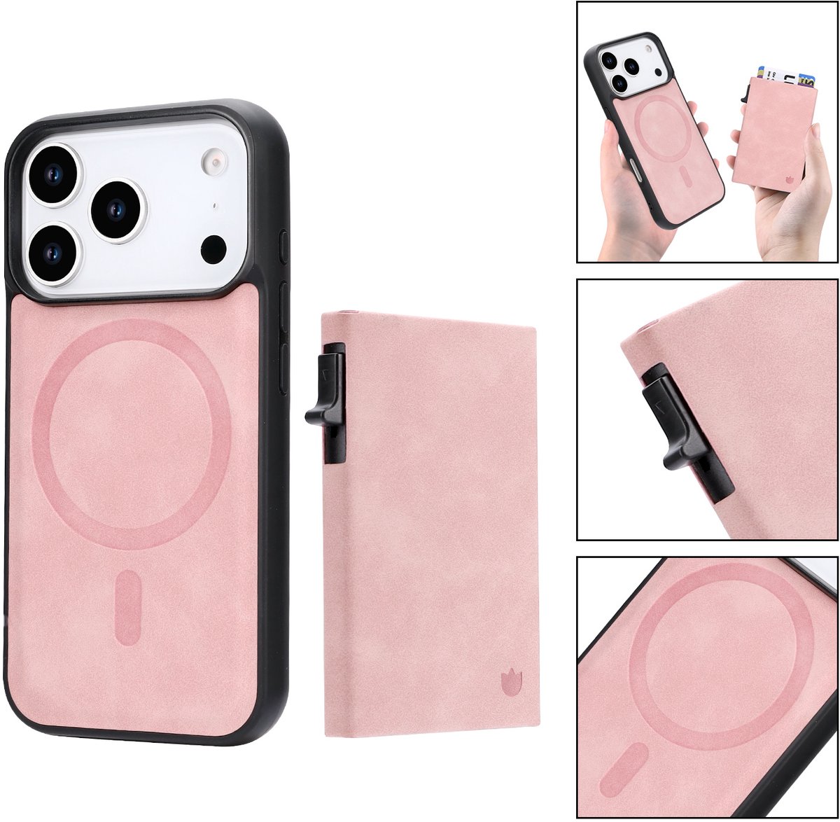 Casemania Hoesje Geschikt voor Apple iPhone 18 Pro - Pale Pink - Magnetisch Back Cover met Uitschuifbaar Pasjeshouder - 2 in 1 Telefoonhoesje geschikt voor MagSafe met 6 Pasvakjes Creditkaarthouder - Roze