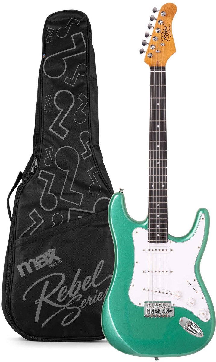 Elektrische gitaar - MAX Rebel ST - Met online muziekcursus - Roasted maple hals met 22 frets - Incl. gitaartas - Metallic green