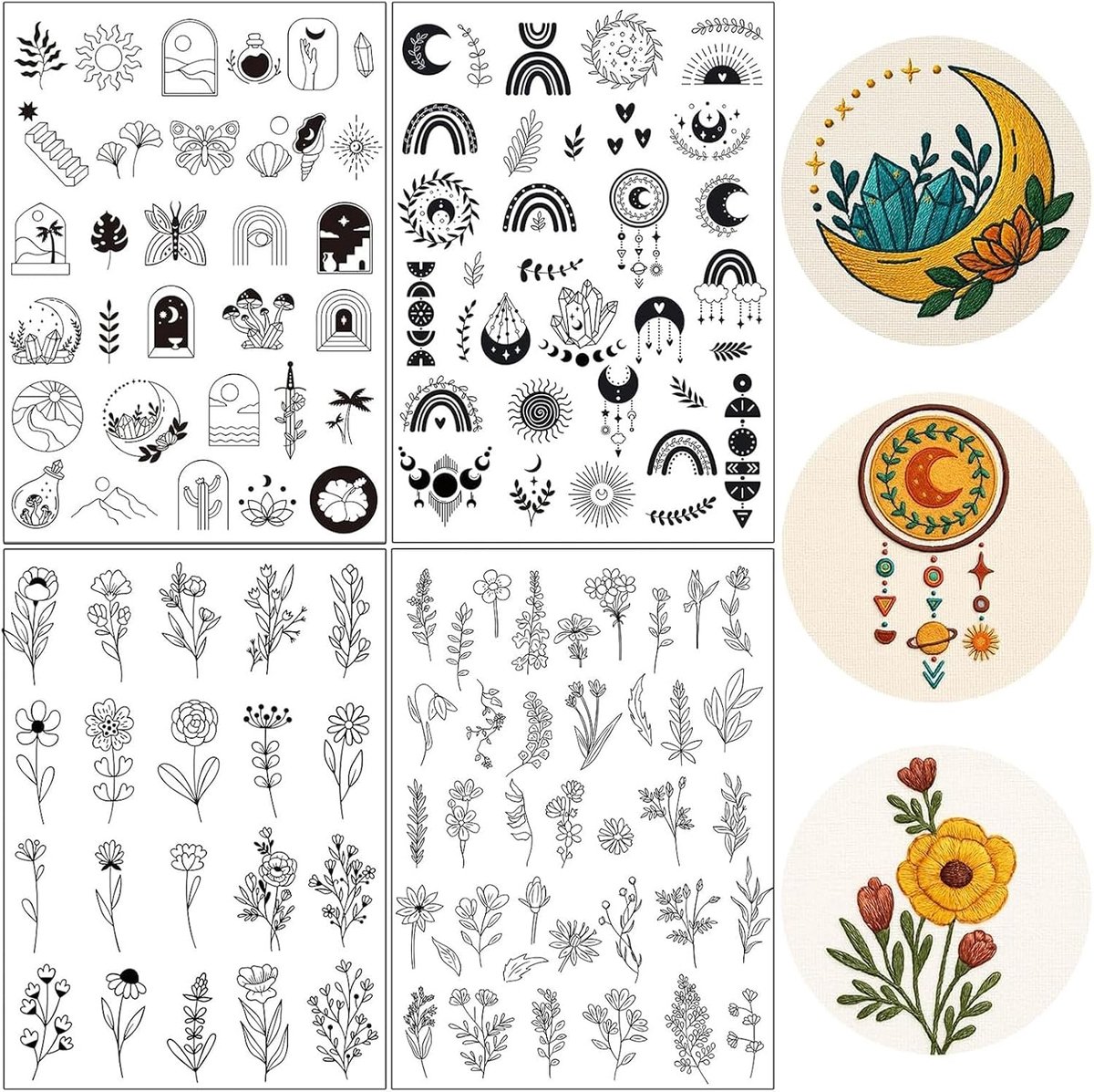 4 vellen borduurwerk, in water oplosbaar borduurpapier, 120 motieven bloemen en planten, oplosbaar borduurpapier, zelfklevend voor handnaaien, borduurset voor kleding, hoeden, tassen