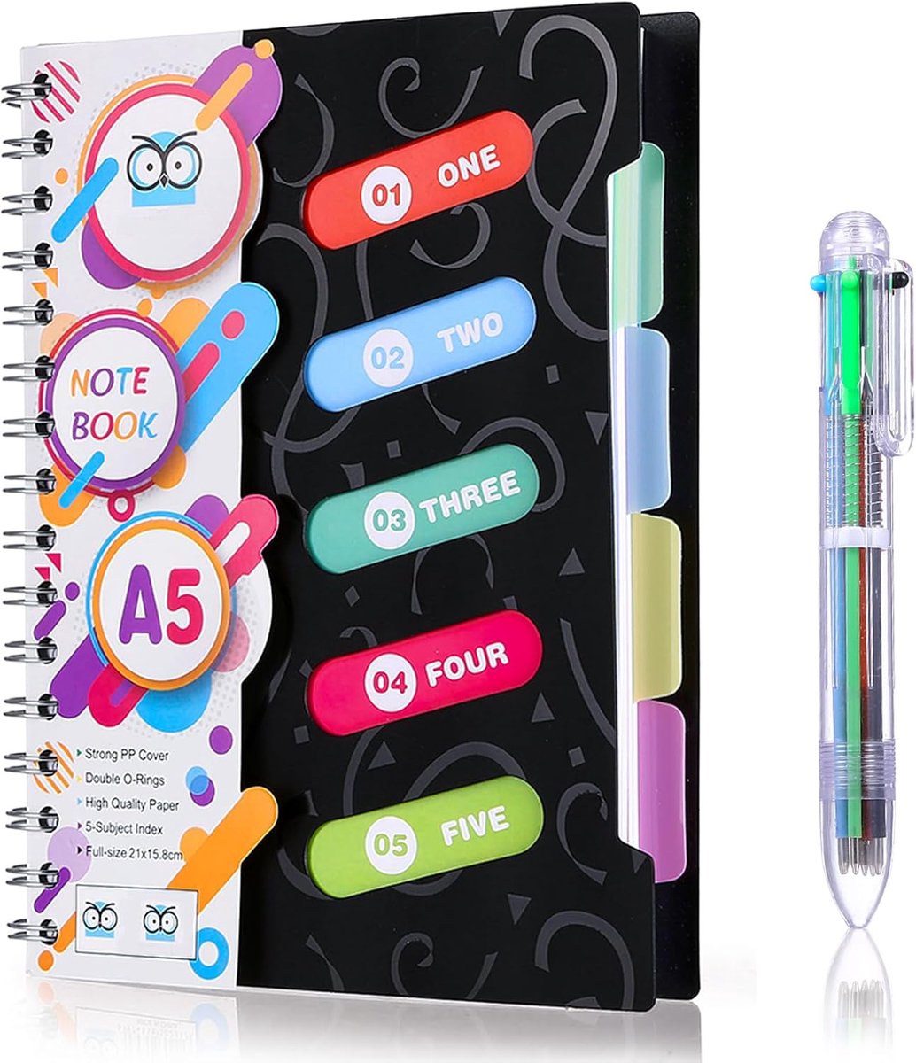 Dailygoods- Notitieboek A5 met register - Ringband - Gelijnd - 300 pagina's - Waterdichte hoes - Inclusief balpen in 6 kleuren - Schrijfblok