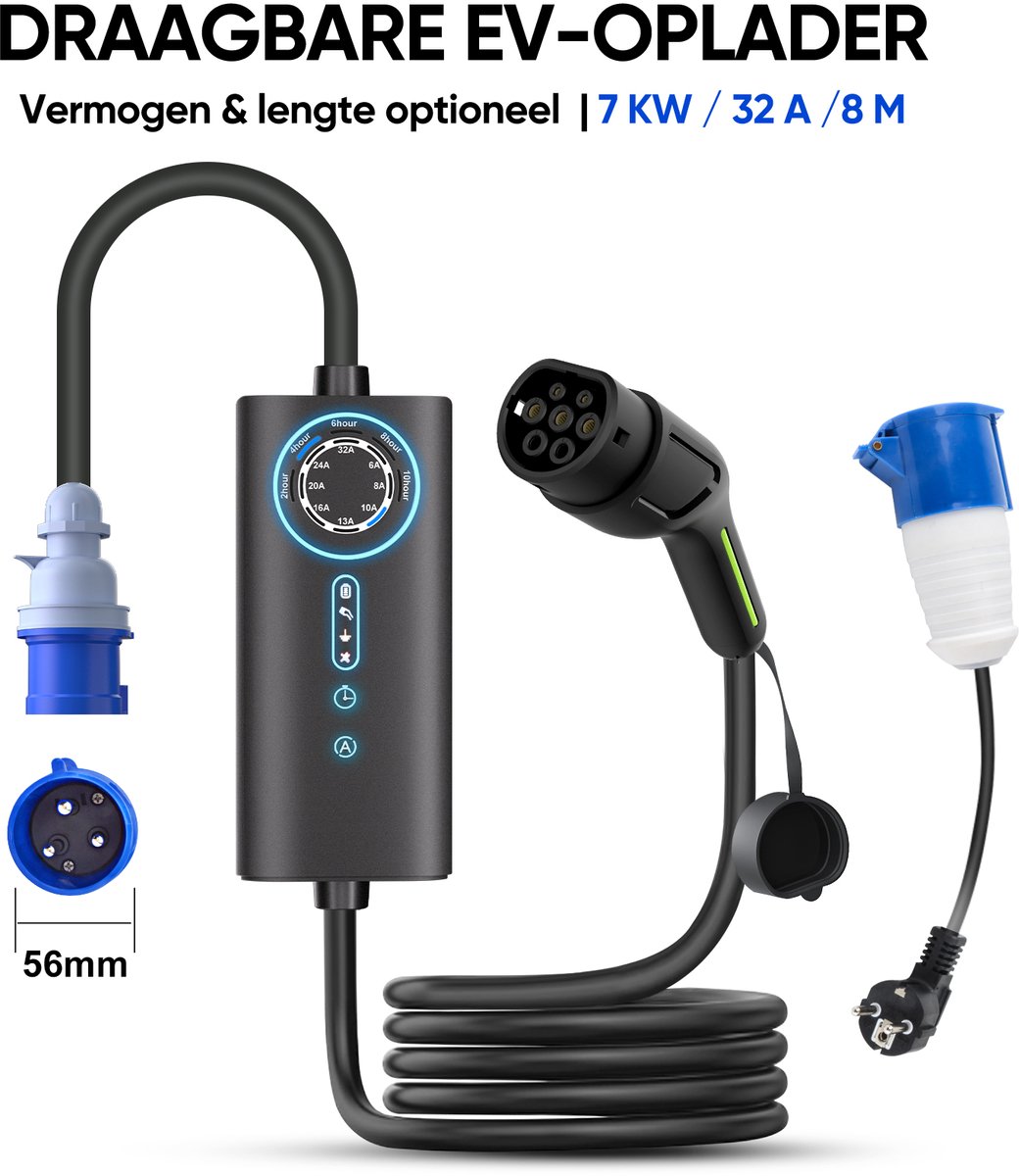 Junsun 7kW EV Draagbare oplaadkabel Geschikt voor elektrische en hybride auto’s - 8M Laadkabel - 6A/8A/10A/13A/16A/20A/24A/32A Instelbare stroomsterkte