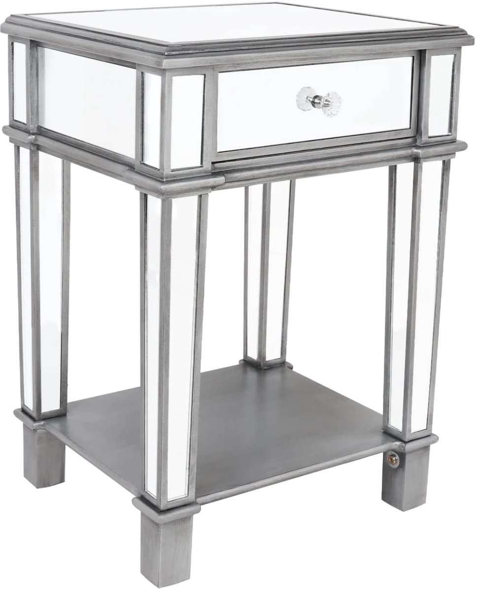 Klarven Nachtkastje Zilver - Spiegelglas Nachtkastje - Nachtkastjes Set Van 2 - Nachtkastje Met Lade - Stevig Frame, Modern En Tijdloos Design - Bijzettafel Voor Slaapkamer