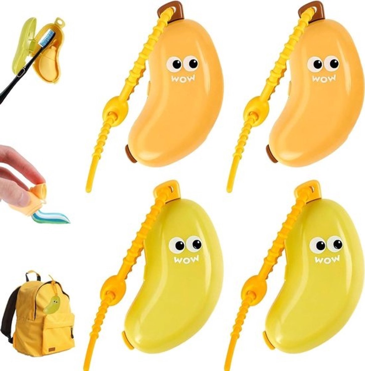 Bananen Tandenborstel Hoes - Reis Tandenborstelhouder - Hygiënisch Tandenpoetsen - Met Tandpastadispenser - 4 stuks - Geel