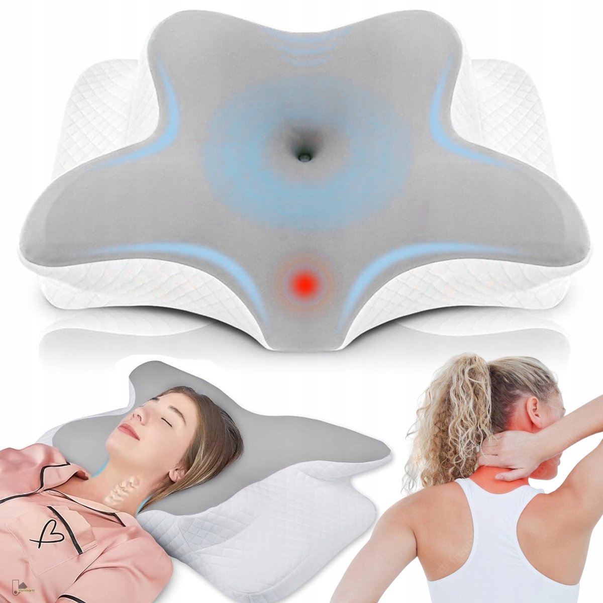 Hoofdkussen Nekklachten - Slaapkussen - Orthopedisch Nekkussen - Traagschuim - 62x41x13 cm - Vlindervorm - 2 Hoogtes - Afneembaar & Wasbaar Kussensloop - Ergonomisch - Voor Rug & Zij & Buikslapers - Grijs