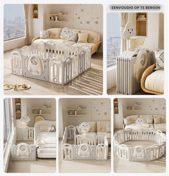Kaëru Baby Speelbox – Kunststof Grondbox –150x150x63cm – Inklapbare Speelbox – Ruimte thema – Verstelbare Basketbalring – 12+2 Panelen – Veilig Kinderbox Playpen — afbeelding 4