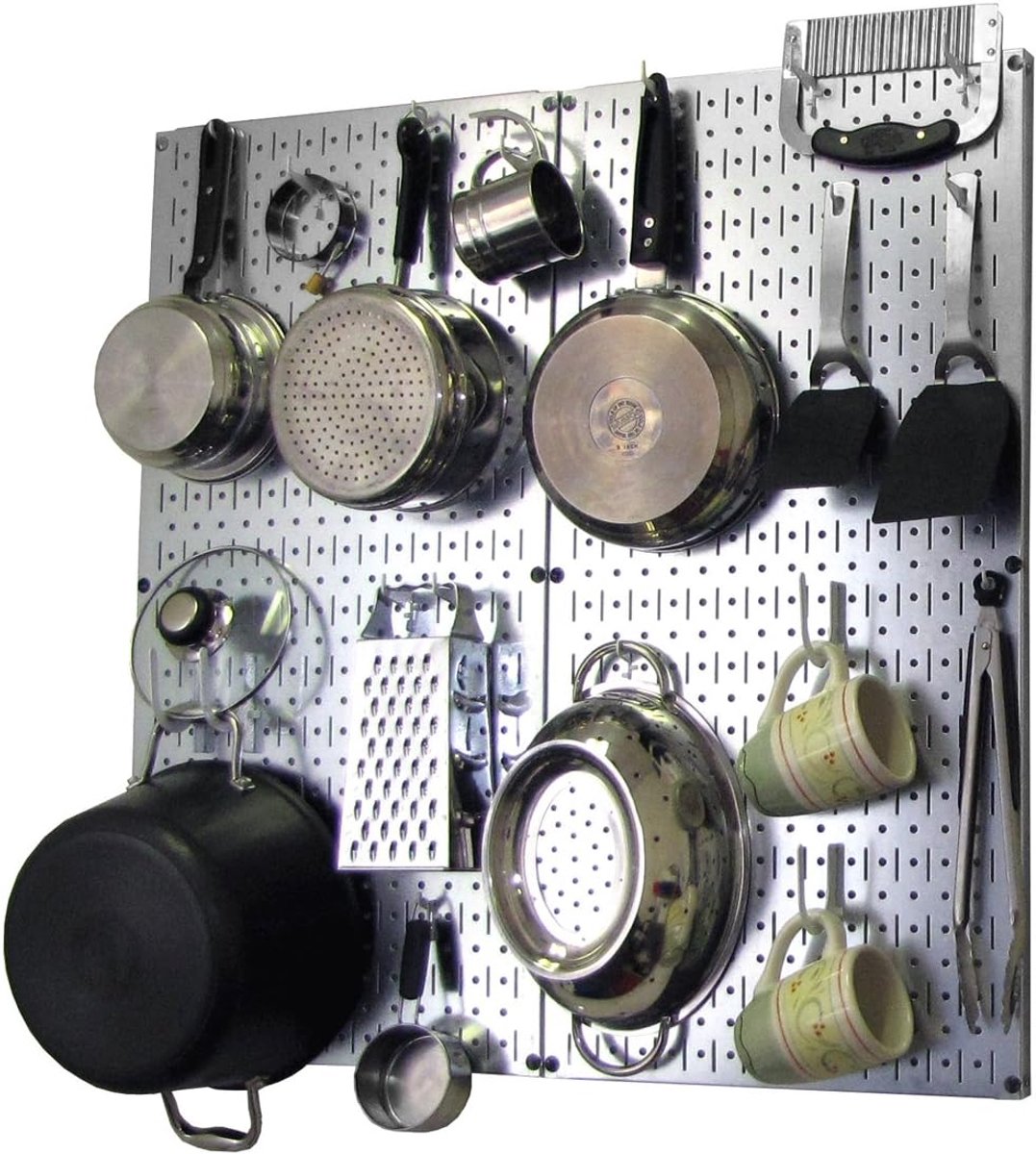 Control Keukenplank-organizer, potten en pannen, steekbord, opberg- en organisatieset met metallic zilveren steekbord en witte accessoires