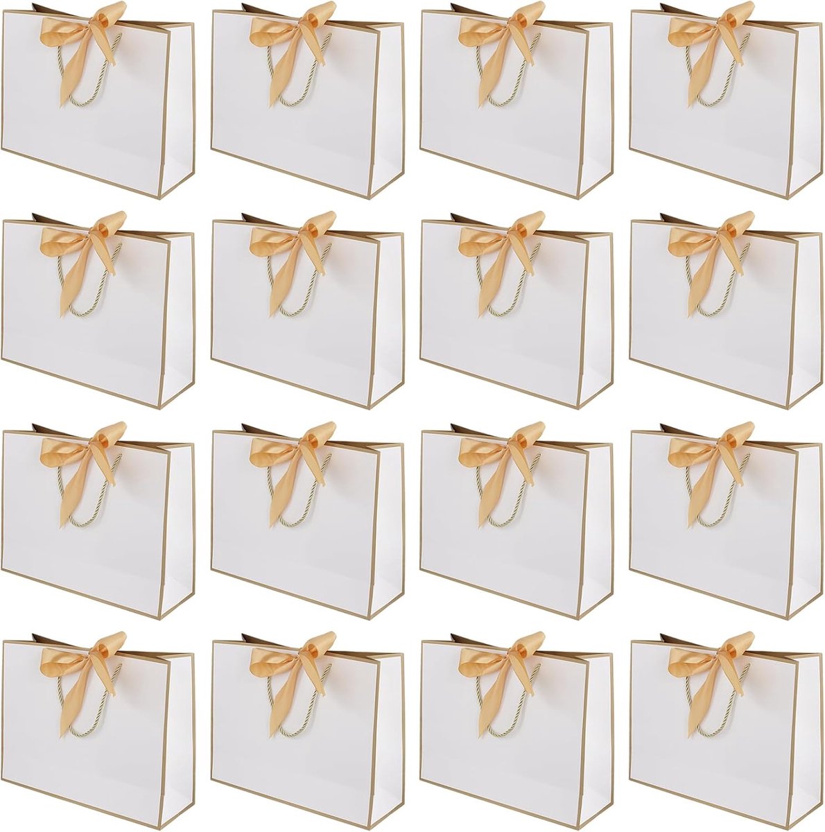 Dailygoods- Geschenkzakken 16 Pack - Luxe Cadeau Zakken 32x25x11cm - Witte Papieren Zak met Gouden Lint - Robuuste Constructie - Versterkte Handgrepen