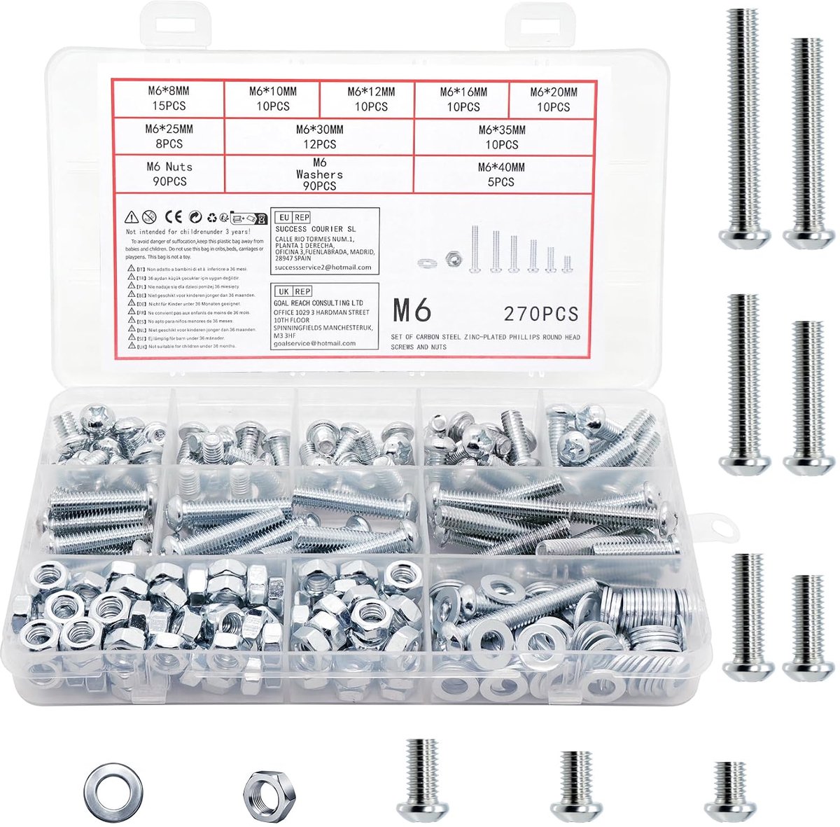 270 stuks M6 schroeven bouten en moeren en sluitringen assortimentsset, bouten cilinderkopschroeven, verzinkte kruiskopschroeven, DIN 7985 (zilver 270 M6)