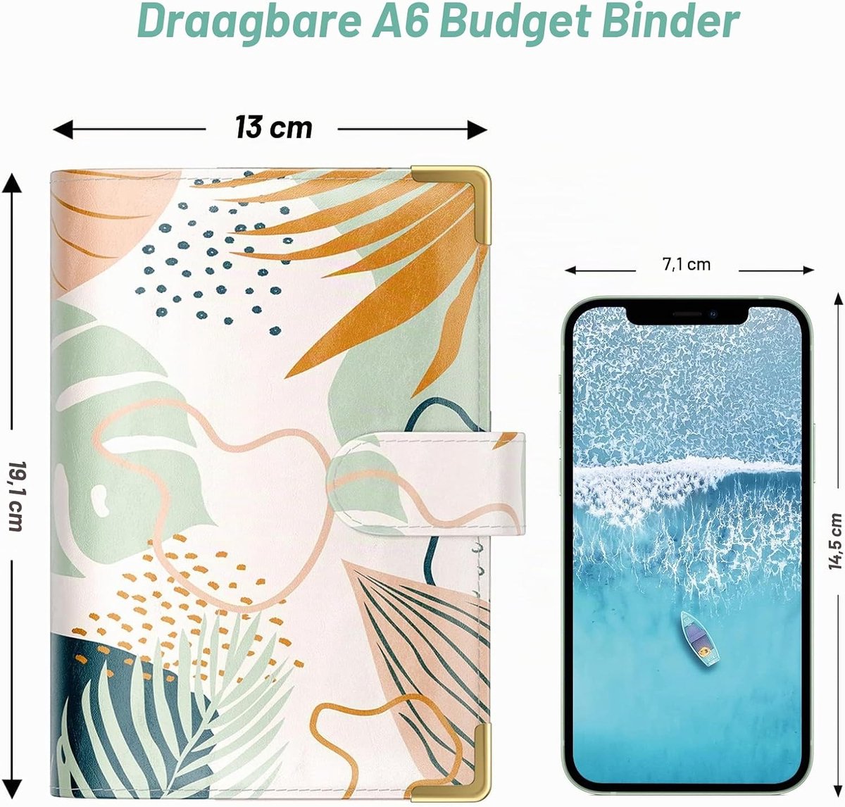 Budgetmap met enveloppen met rits, A6, geldbesparing, ringmap, geldenveloppen voor budgettering, PU-lederen budgetplanner, geldorganisator voor geldrekeningen, bloemen, voor dames, bladeren