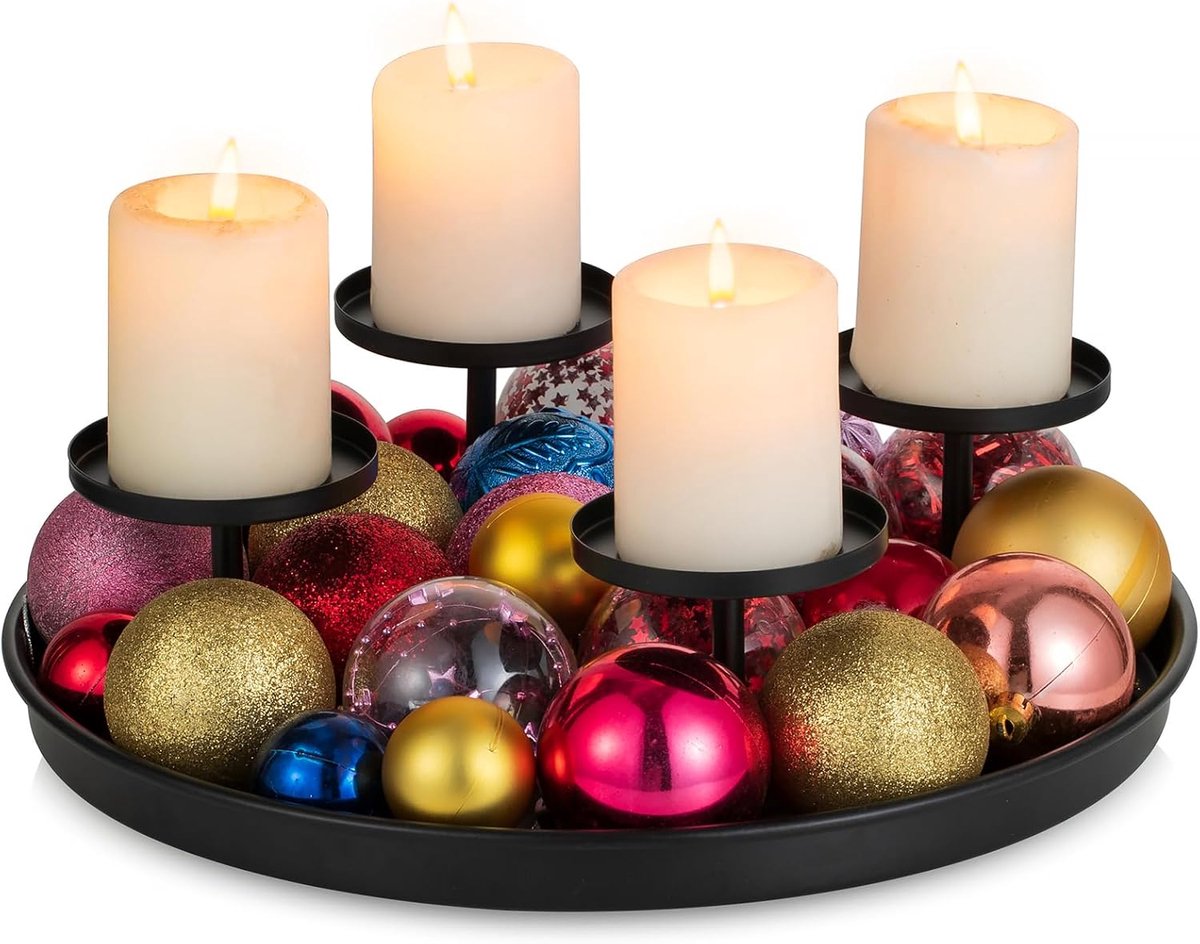 Adventskrans Kaarshouder Zwart, Metalen Adventskaarsenhouder voor 4 Pilaarkaarsen, Moderne Advent Kaarsenhouder Decoratief Dienblad Rond voor Advent Kerst Tafel Decoratie