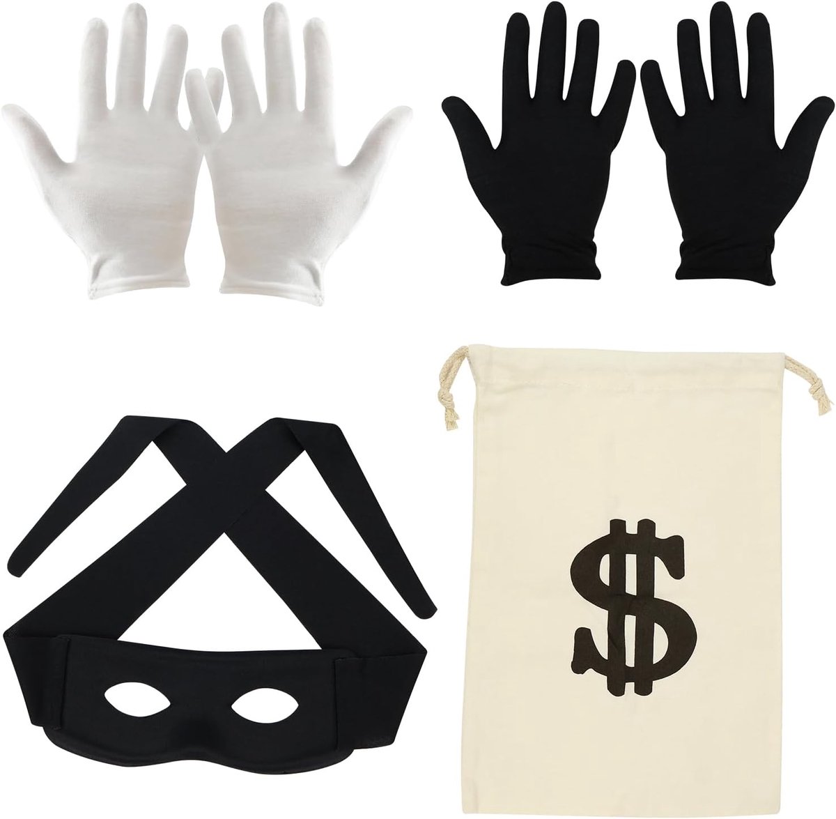 Rovermasker + geldzak + handschoenen (wit + zwart), cosplay dief kostuumaccessoires voor Mardi Gras, Halloween en verkleedfeesten, volwassenen en kinderen