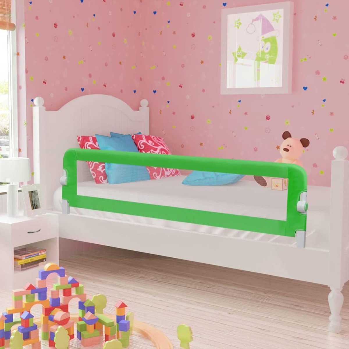 Kinderbedhekje voor kleine kinderen, kinderbedhekje met valbescherming voor kinderen, baby's, peuters, rooster, kinderbed, 150 x 42 cm, groen