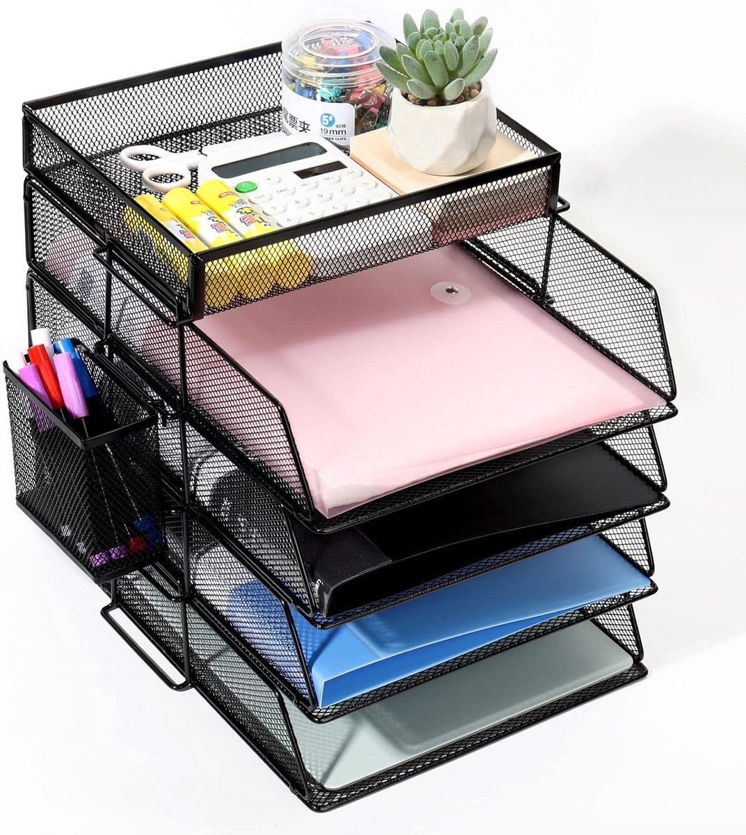 Stapelbare brievenbak met penhouder van metaal, 4 etages, stapelbare papieren organizer, dienblad, met bureaustandaard, mappen, brieven, papier, metalen bureau-organizer, dienblad (zwart)