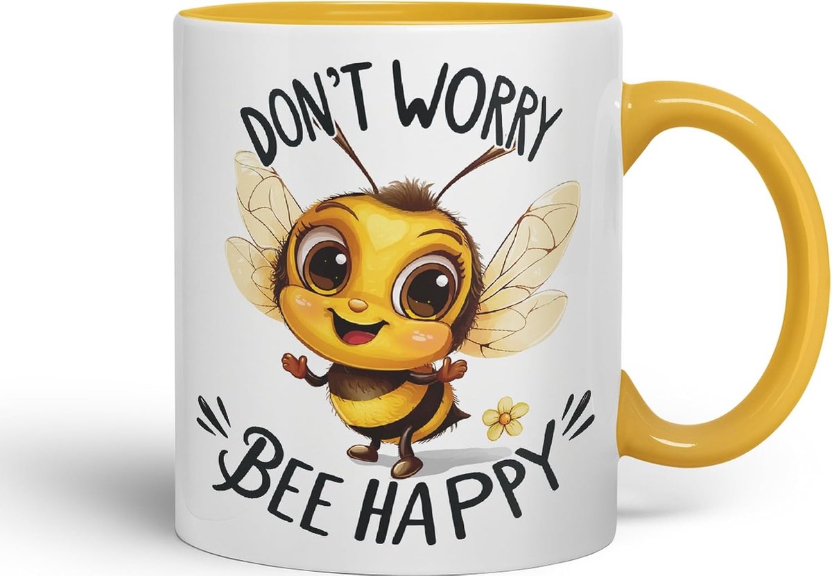 Don't Worry Bee Happy Bees Joke sarkasme sarcastische keramische gekleurde mok beker voor thee koffie warm brouwsel 330ml 11oz cadeau (G geel)