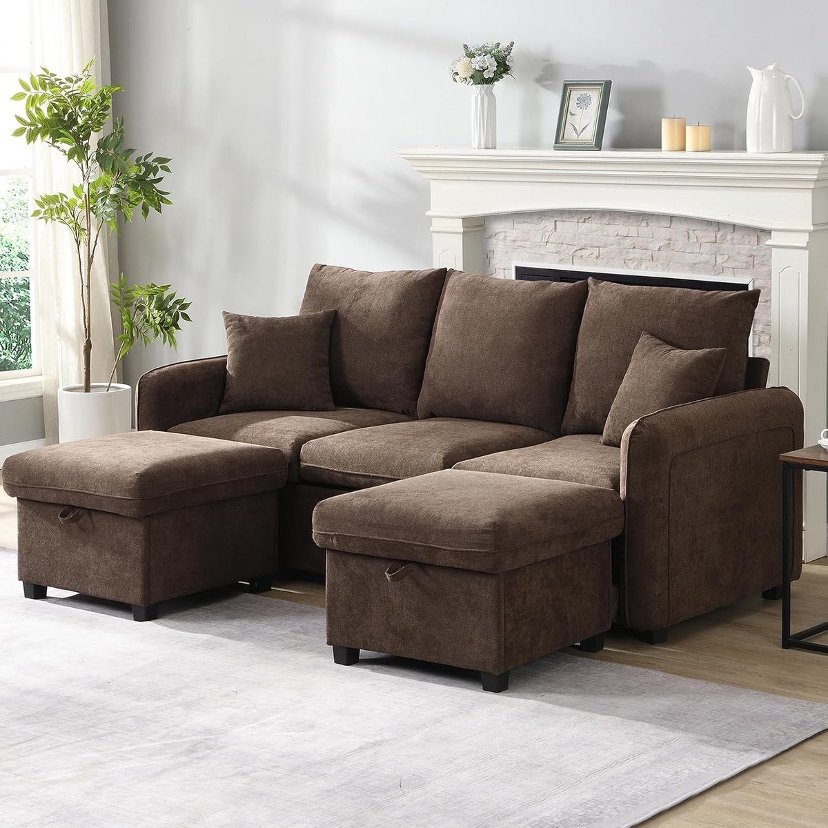 Hoekbankset in antiek bruin, U-vormige 3-zitsbank met 2 opbergvoetenbankjes en laden, modulaire 3-zits slaapbank van corduroy stof, multifunctionele woonlandschapsset voor kleine woningen