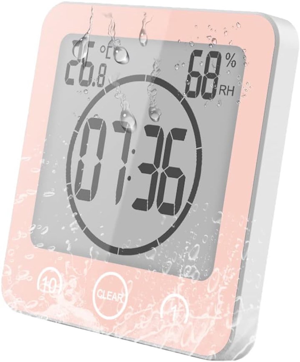 Klok voor badkamer, badkamerklok met zuignap, waterdicht, aanraakbediening, °C/°F, luchtvochtigheid, temperatuur, lcd-display, afteltimer, 3 montagemethoden (roze)
