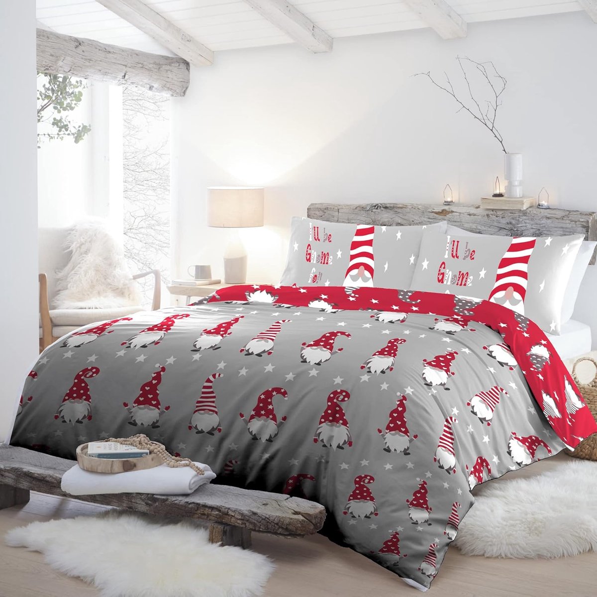 Kerst - Xmas Gonks - 100% geborsteld katoenen dekbedovertrek Set - 3 stuks tweepersoonsbed maat in zilver GFCSV21PZU