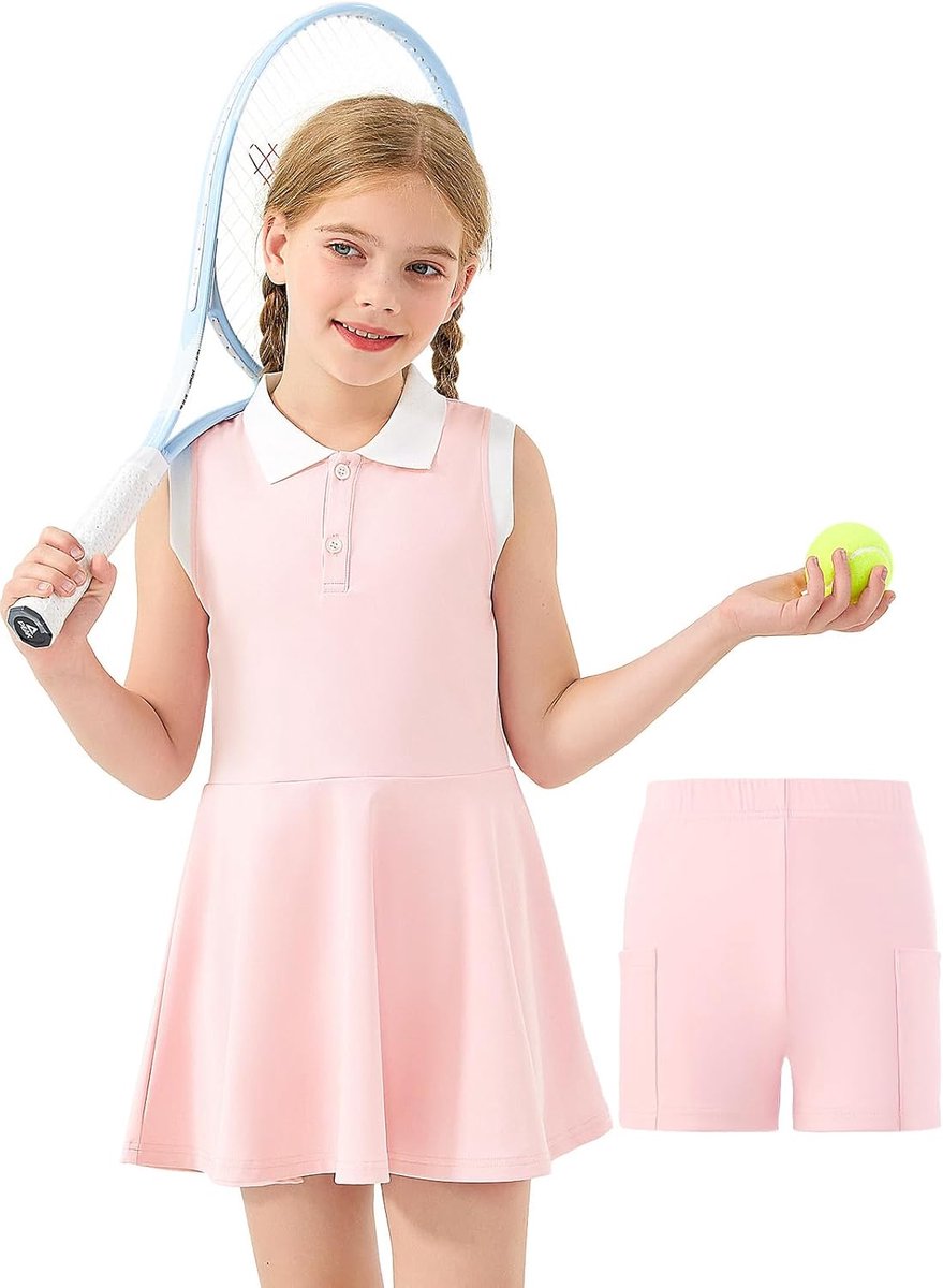 Tennisjurk voor meisjes, met korte broek, mouwloos, atletische jurk, polojurk, golfoutfit met 2 zakken, voor sport-workout
