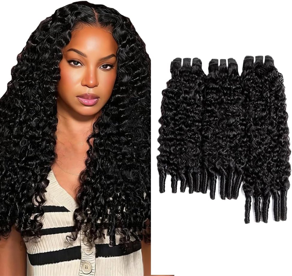 Curly Water Wave Human Hair Bundles 1B Natural Black Hair Extensions Geweven Mensenhaar For Women Unprocessed Brazilian Virgin Hair 3 Bundles Total 300g 20 22 24 Inch