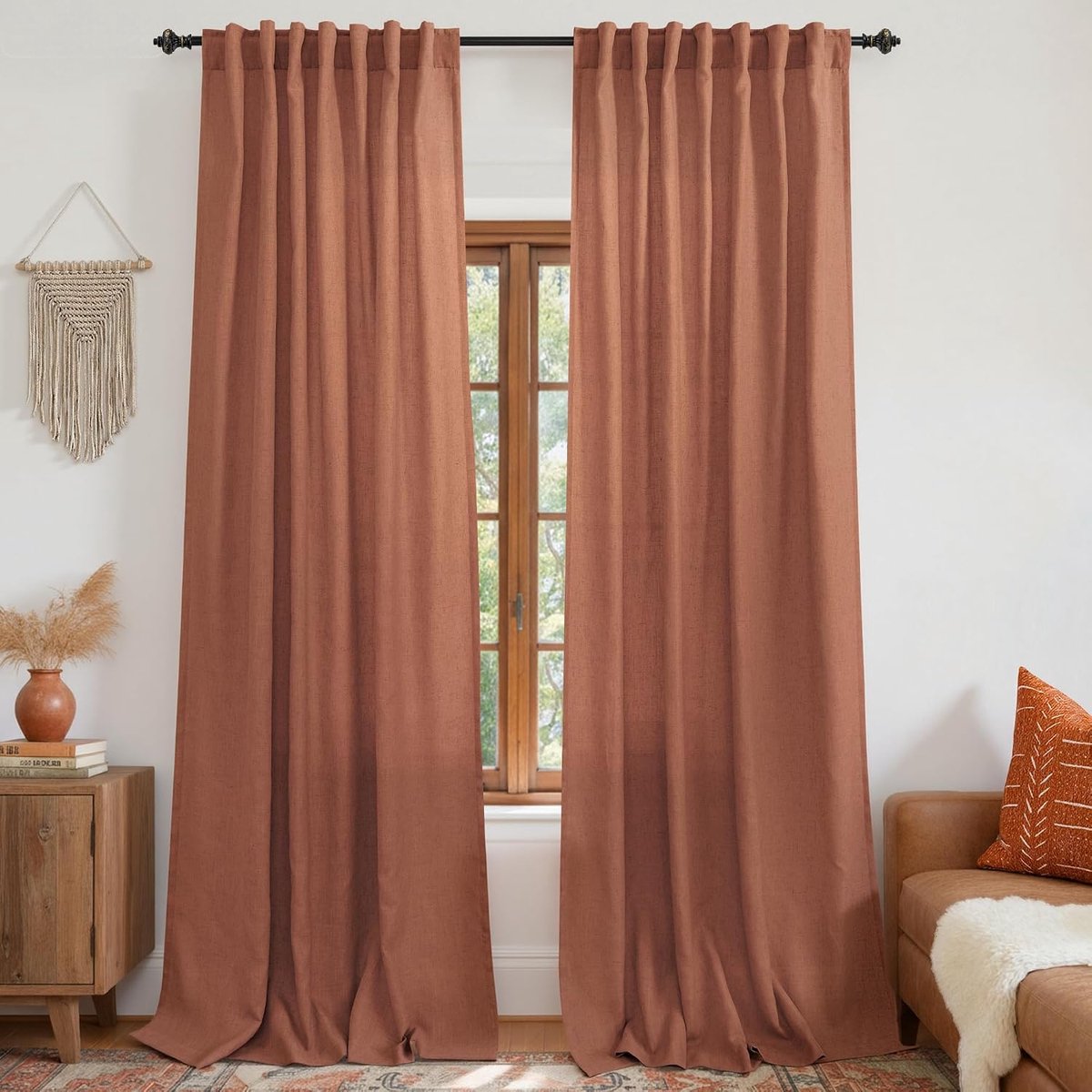 Gordijnen voor de woonkamer, linnen boheemse gordijnen, doorzichtige kleurrijke hippie gordijnen voor de slaapkamer, 2 stuks, 274 cm lang, terracotta roest