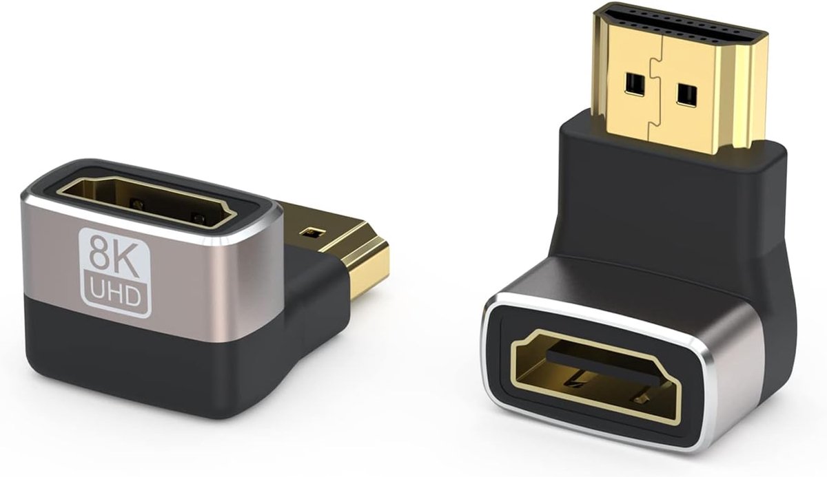 2-Pack 8K HDMI-Adapter, 90 Graden Omhoog Gehoekte, Vergulde HDMI-Stekker op Bus, Ondersteunt 3D 8K HDMI-Extender voor TV-Stick Roku Stick Chromecast Xbox PS5 PS4