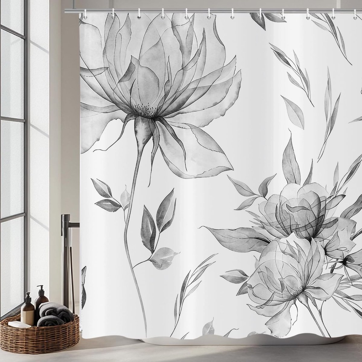Douchegordijn, aquarel bloemen, 180 x 200 cm, stijl met inkt, grijs, bloemen, bladeren, lente, planten, waterdicht, badgordijn, polyester textiel, wasbaar, douchegordijnen voor bad met 12 haken