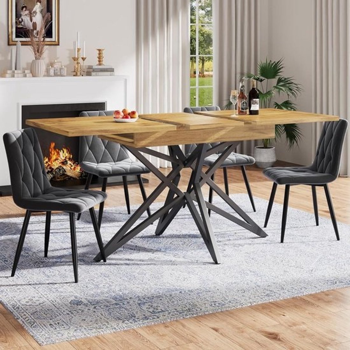 Eettafelset met Stoelen - Keukentafel Set - Gezellig Eten - Uittrekbaar Tafelblad - 160x80cm - Walnoot