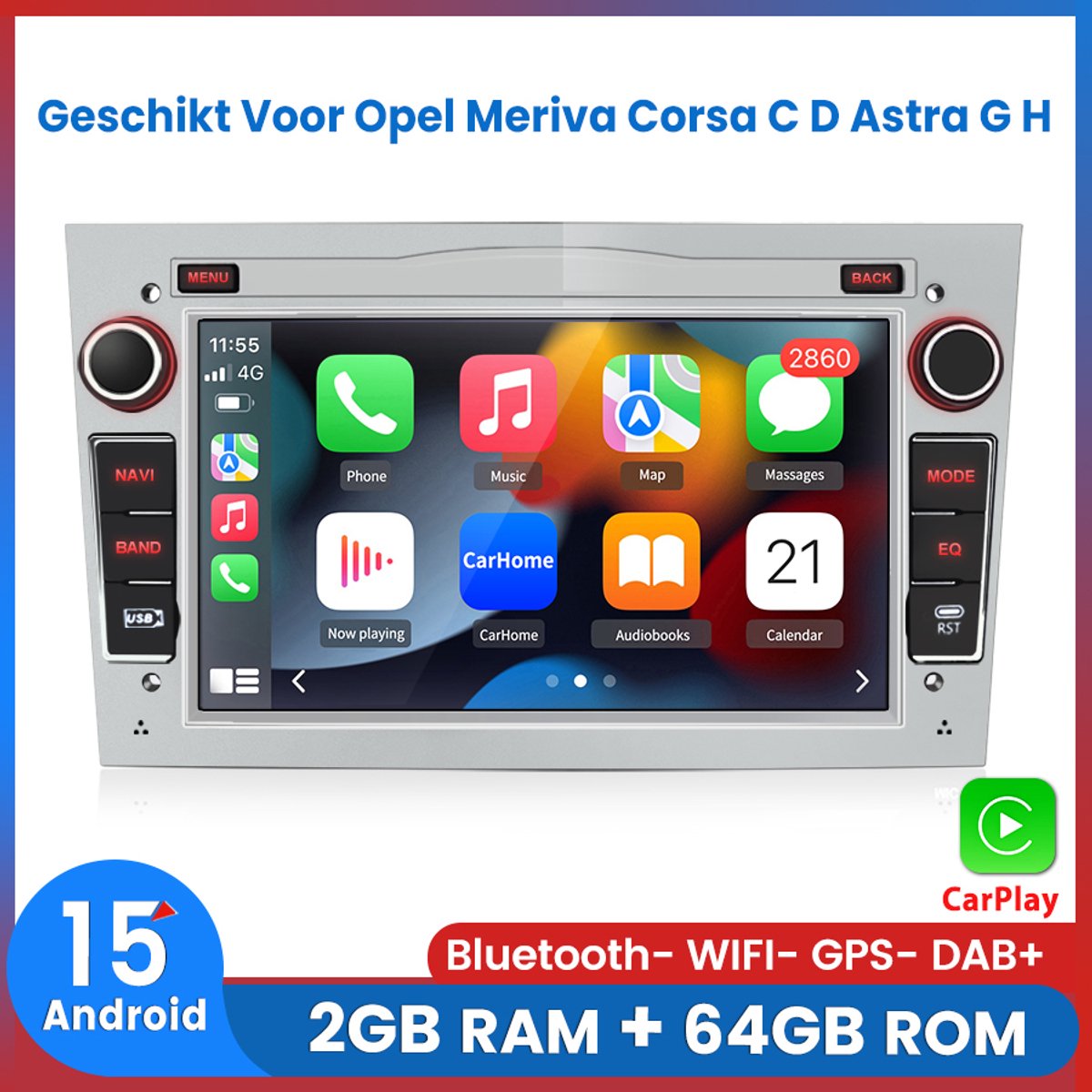 Awesafe 7 Inch IPS Autoradio - Geschikt Voor Opel Meriva Corsa C D Astra G H Zafira Vivaro Tigra Vectra C Antara - Android 15.0 Systeem - Draadloos Apple Carplay & Android Auto - Ram 2GB + Rom 64GB - GPS Navigatie Bluetooth Wifi - Zilveren