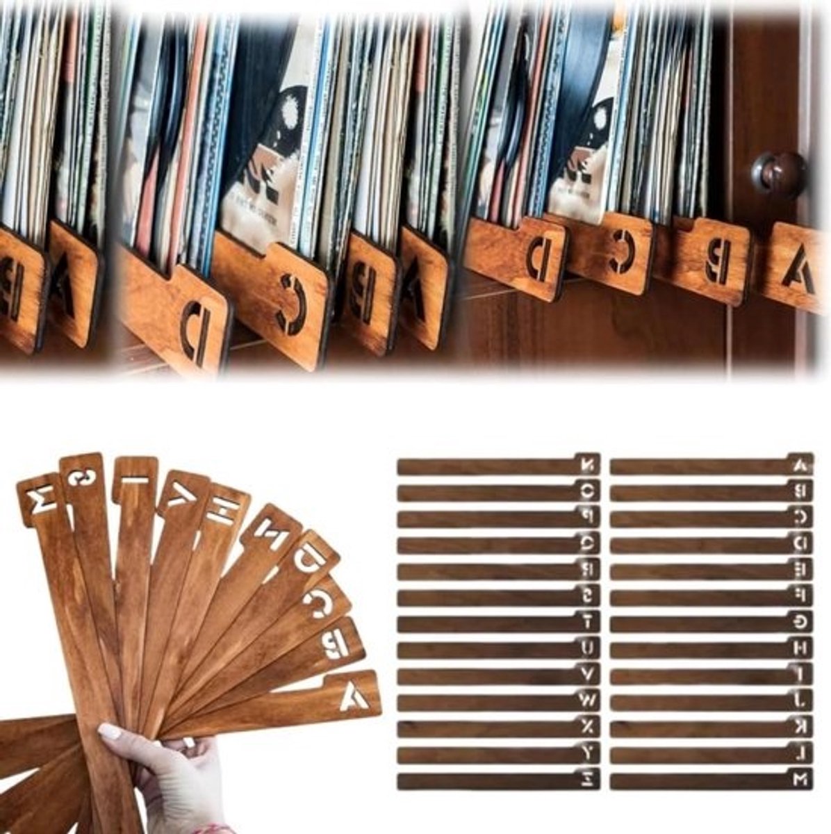 Platen Scheidingsbladen - Alfabet Scheiders - Vinyl Collectie Organiseren - Stevig Multiplex - 348 x 38 cm - Houtkleur