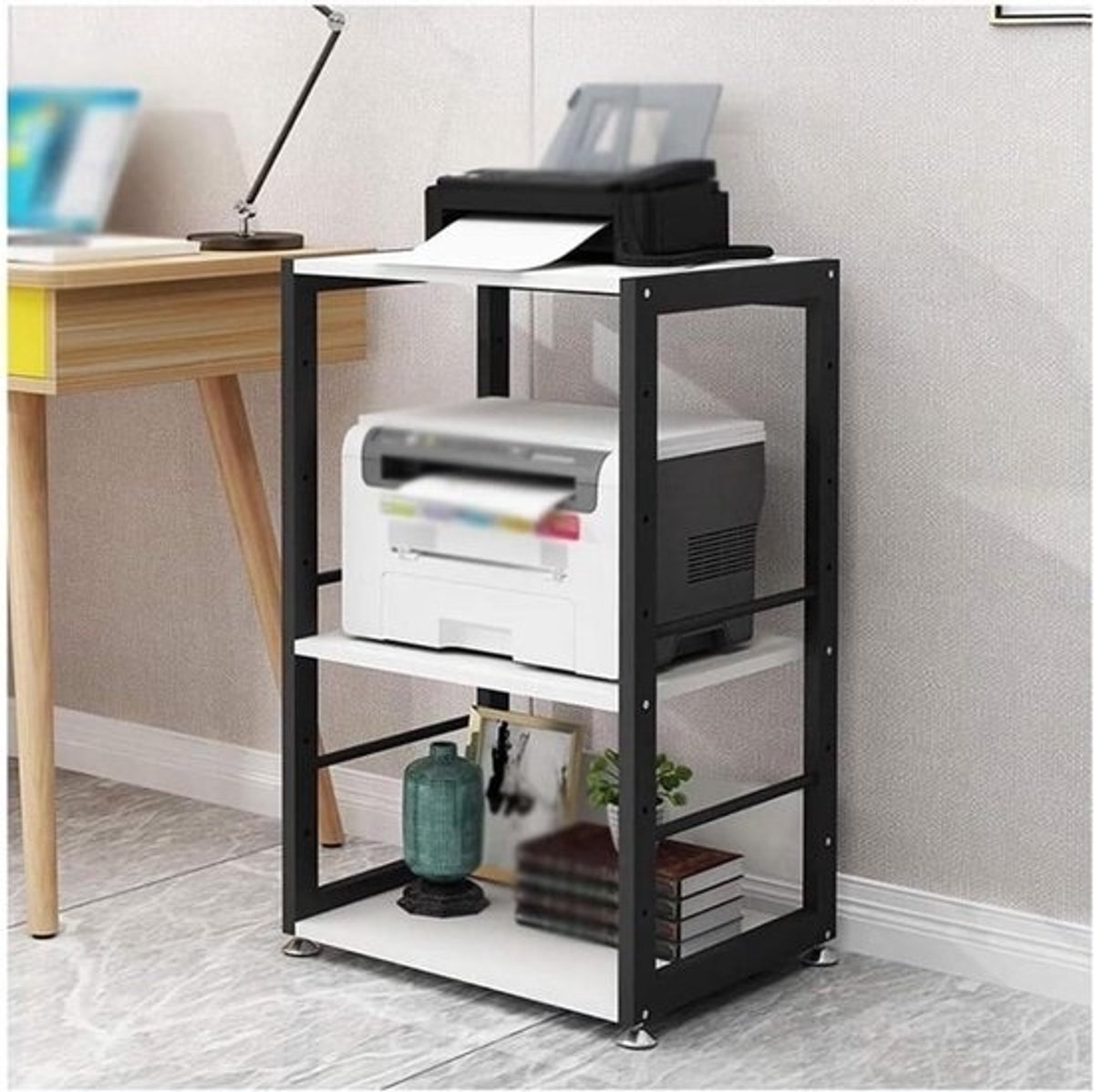 Printerstandaard - Printerrek Kantoortafel - Kantoor Organiseren - Drielaags Ontwerp - 19.6 x 15.7 x 30.7 inch - Zwart+Wit