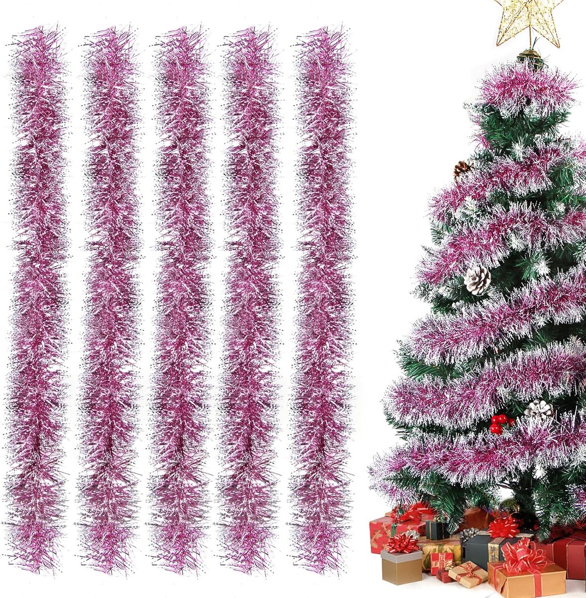 Dailygoods- Kerstslinger glanzend - Roze - 5 Stuks - Kerstdecoratie - Lamettaslinger - Veiligheidswaarschuwing: ontvlambaar - Kerstversiering