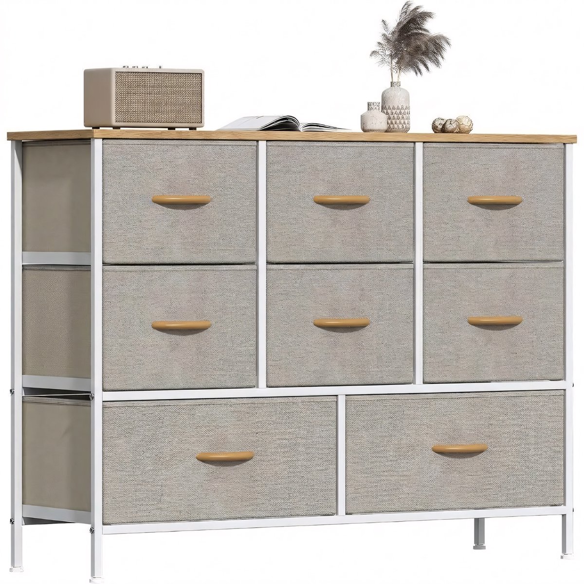 Ladekast met 8 stoffen lades - Khaki en wit met houtlook - 6 kleine en 2 grote lades - Voor slaapkamer en hal - Verstelbare voetjes - 100 x 30 x 76 cm